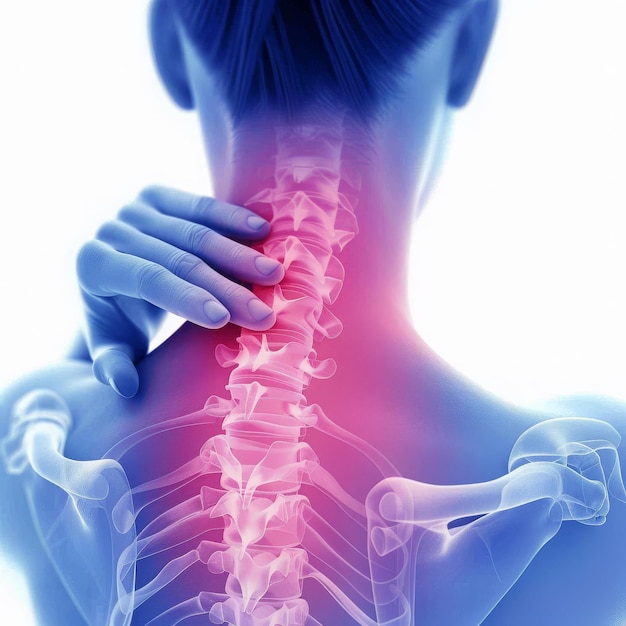 Photo neck pain awarenesswomans spine in office setting emphasizing neck discomfort and realism