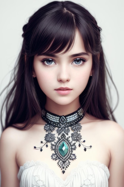 女の子の首のネックレスは宝石でできています。