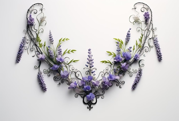 a necklace is shown on white background with lavender flowers in the style of frieke janssens