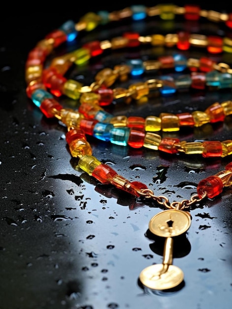 Photo a necklace with a gold coin on it sits on a wet table.