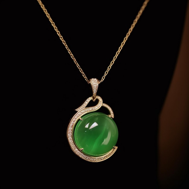 a necklace with a green stone and a gold chain.