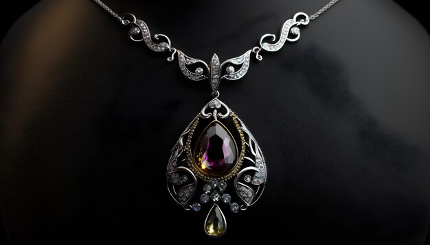 Ожерелье с большим фиолетовым камнем сидит на черной поверхности.