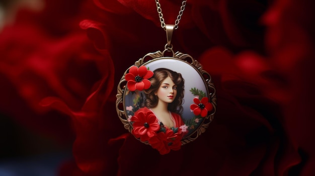 Necklace With Picture of Woman and Red Flowers