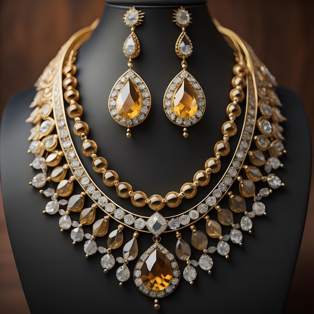 ожерелье с драгоценными камнями на черном манекене в ювелирном магазине