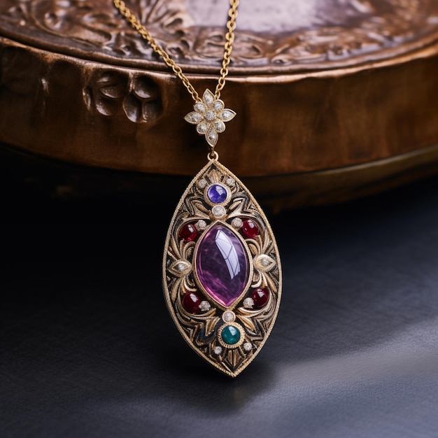 a necklace with a purple and pink stone on it