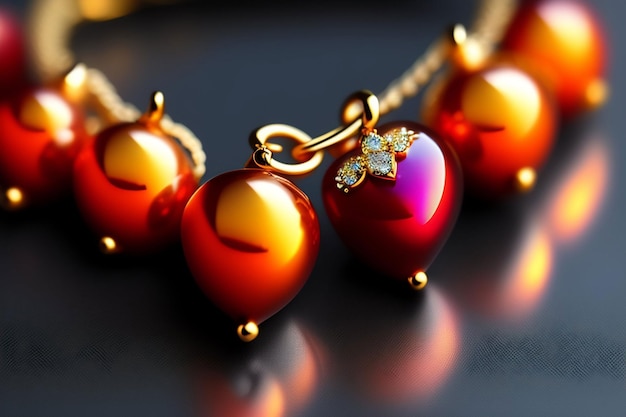 A necklace with red glass beads and a diamond on it