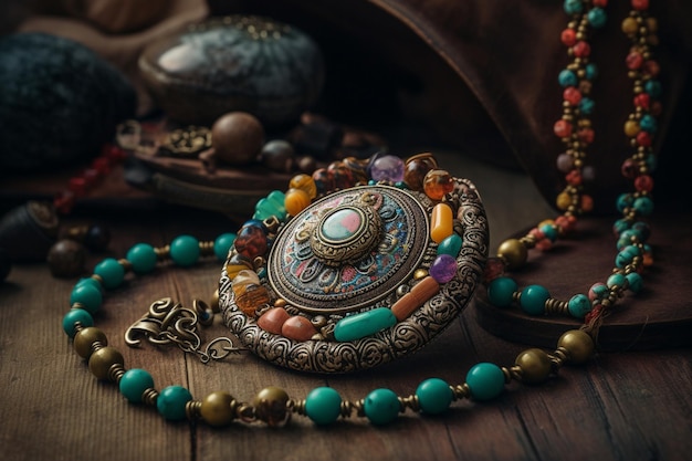 A necklace with a variety of beads and beads on a wooden table.