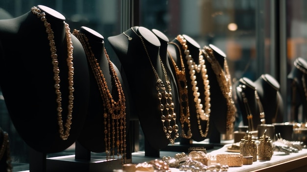 Necklaces and earrings in a shop window