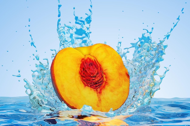 Nectarine of perzik in tweeën gesneden met waterspatten 3D-rendering