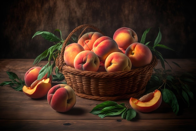 Нектарин Органические нектарины персики, спелые и сочные в плетеной корзине Ломтики фруктов и целые кусочки на деревянном столе