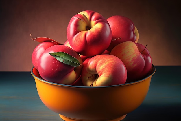Nectarines fresh in a red fruit bowl