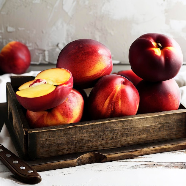 Nectarines with cutting board in a wooden box on white and grungy background side view