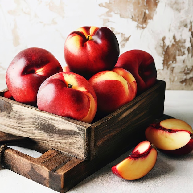 Nectarines with cutting board in a wooden box on white and grungy background side view