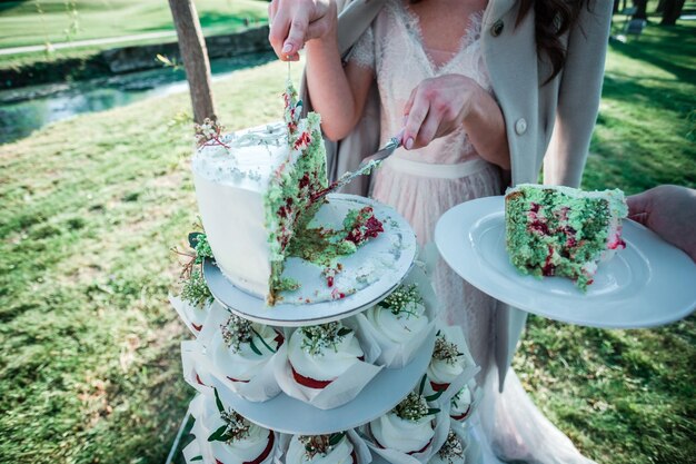 Foto nederig gedeelte van een vrouw die een stuk taart serveert in het park