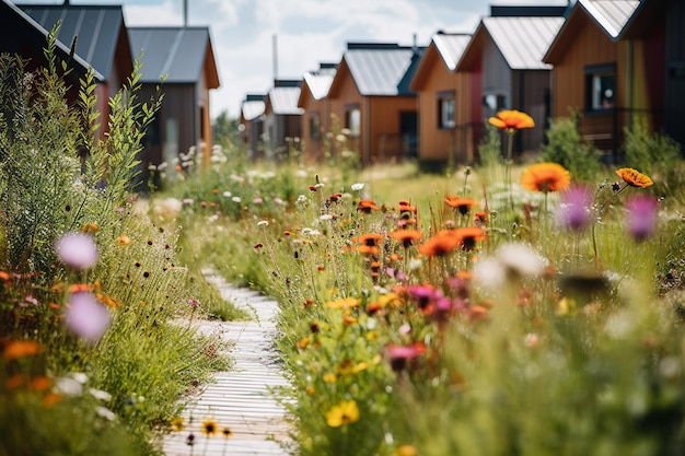 Foto nederland ecohomes met zonnepanelen tussen een veld met klaprozen