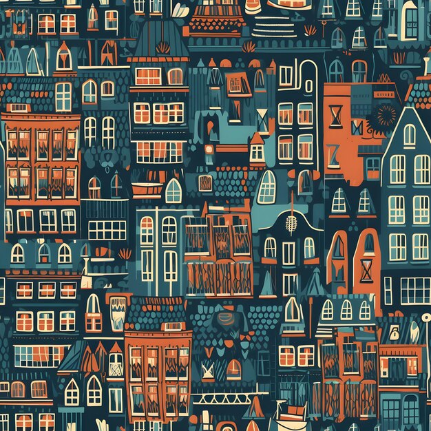 Nederland huizen instellen Naadloos patroon Doodle achtergrond Wrapping met amsterdam huizen stedelijke stijl ontwerp Amsterdam panorama achtergrond Behang goed voor afdrukken Generatieve ai