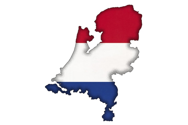 Nederland of holland grens silhouet met nationale vlag geïsoleerd op een witte achtergrond met kopie ruimte. contour van europees wereldland op aardrijkskundekaart. nederlands officieel teken, cartografie.