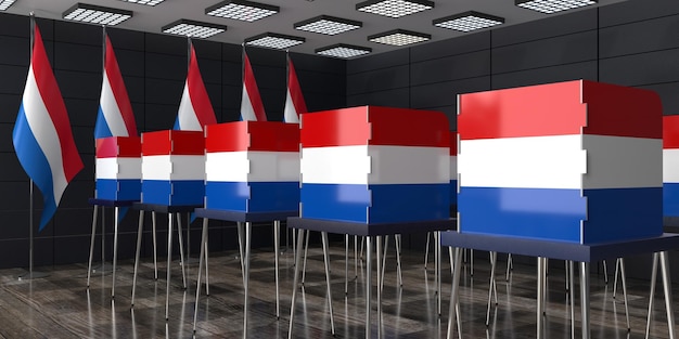 Foto nederlandse stembureaus en nationale vlaggen in het stembureau verkiezingsconcept 3d-illustratie
