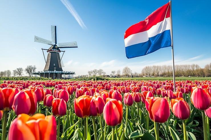 Foto nederlandse vlag zweeft door een windmolen in een veld van tulpen onder een blauwe hemel