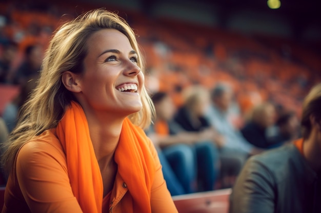 Nederlandse vrouwelijke voetbalfans in een WK-stadion die het nationale team steunen