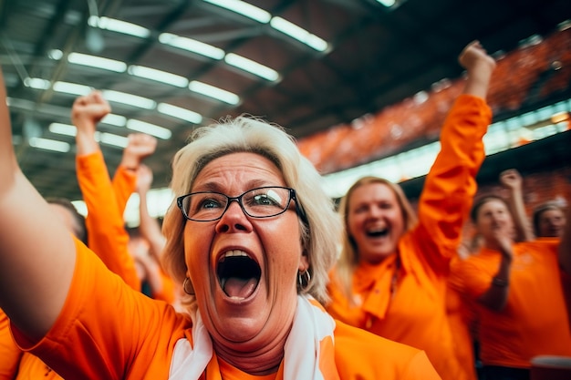 Nederlandse vrouwelijke voetbalfans in een WK-stadion die het nationale team steunen