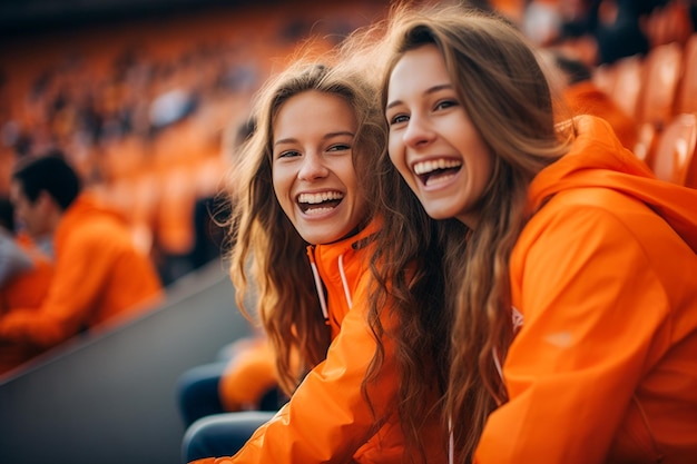 Nederlandse vrouwelijke voetbalfans in een WK-stadion ter ondersteuning van het nationale team