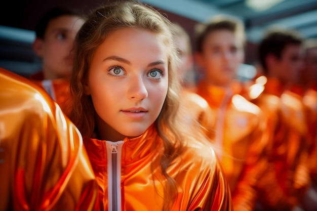 Nederlandse vrouwelijke voetbalfans in een WK-stadion ter ondersteuning van het nationale team