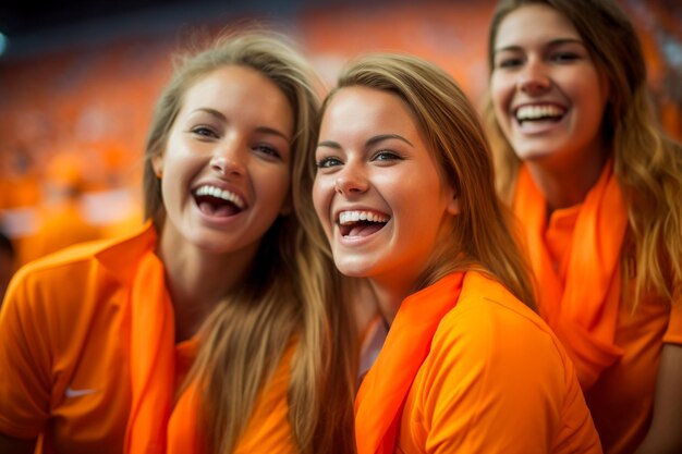 Nederlandse vrouwelijke voetbalfans in een WK-stadion ter ondersteuning van het nationale team