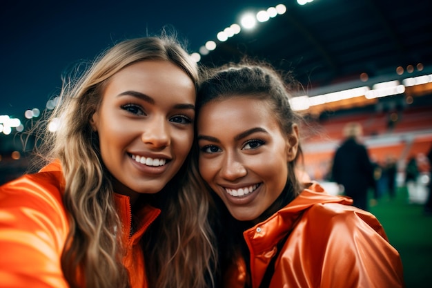 Nederlandse vrouwelijke voetbalfans in een WK-stadion ter ondersteuning van het nationale team