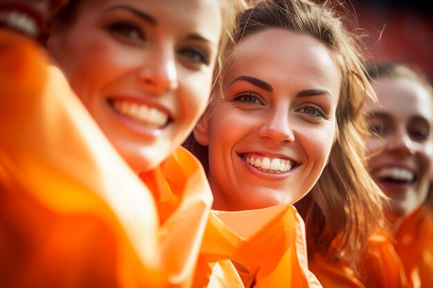 Foto nederlandse vrouwelijke voetbalfans in een wk-stadion ter ondersteuning van het nationale team