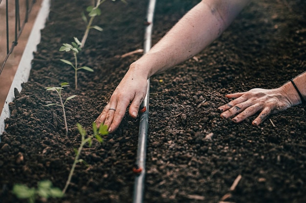 Nederste deel van een persoon die op het veld en in de tuin werkt