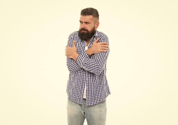 need to warm up brutal bearded hipster in checkered shirt mature man feel cold guy with beard