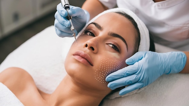 Needle mesotherapy cosmetologist performs needle mesotherapy on a womans face