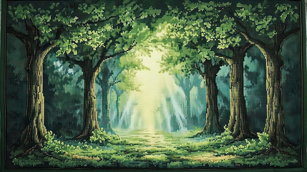 Needlepoint portrayal of a serene woodland scene with towering trees and dappled sunlight