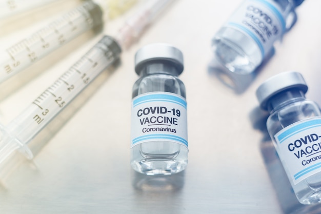 Needles and syringes in the tray for prevention and treatment from coronavirus infection