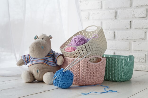 Needlework handmade Leisure concept, home organizers colored baskets with  accessories