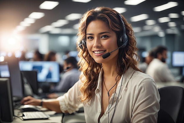 Neem contact op met ons mockup gelukkige vrouwelijke consultant in een call center ai generatieve