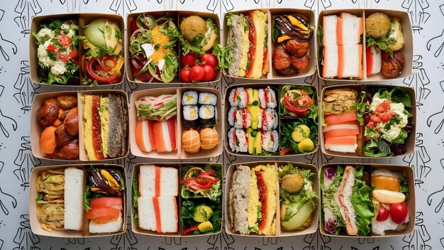 Foto neem eten mee en lever bereide dieetlunchjes in papet lunchboxen