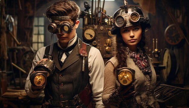 Foto neem foto's van modellen gekleed in steampunk geïnspireerde outfits