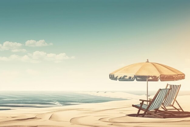 Neem mentale vakantie en stel je voor dat je ontspant op een rustig strand met stoelen en een parasol