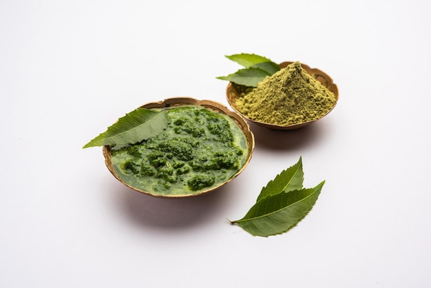 Neem Powder paste and juice Azadirachta indica or commonly known as nimtree or Indian lilac