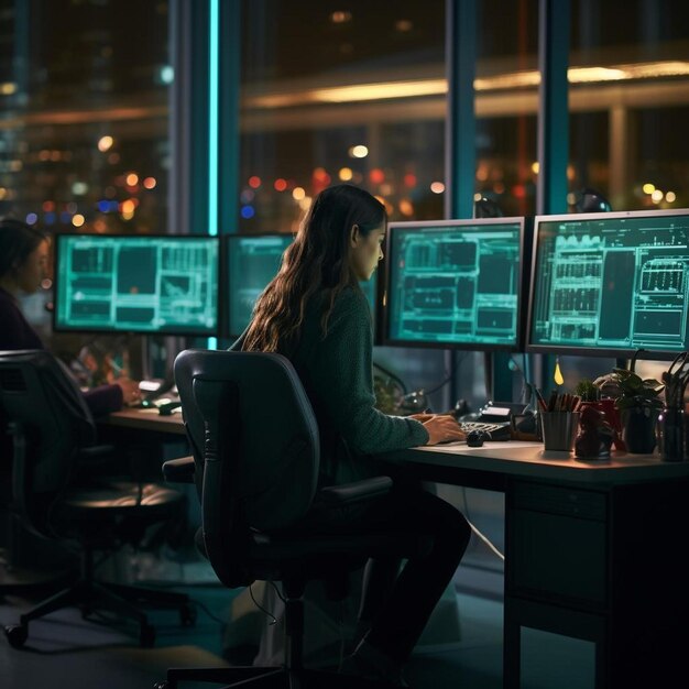 neer schrijft code op een desktopcomputer met twee monitoren en een laptop opzij in een stijlvol kantoor
