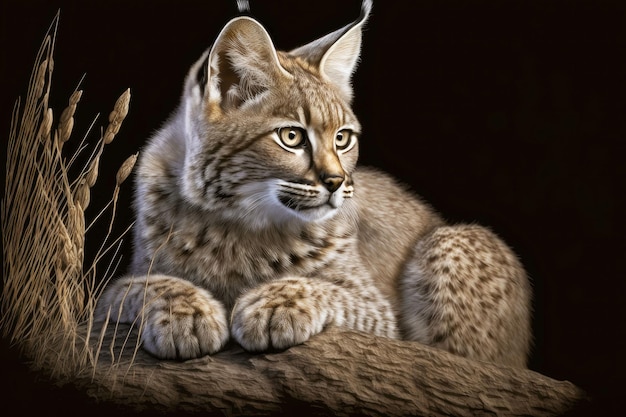 Neergestreken op zijn poten grijze bruine lynx met oren plat tegen het hoofd gelegd generatieve ai