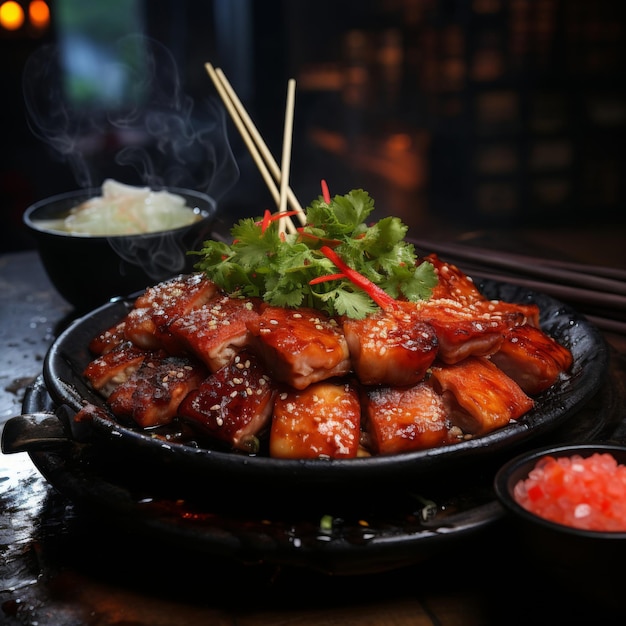 Photo negima yakitori skewered and grilled pieces of chicken and green onions japanese flavor