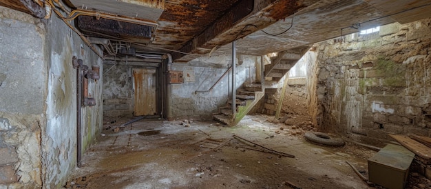 Neglected basement beneath aged house