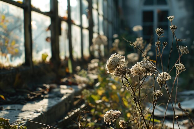 Foto un giardino trascurato con fiori appassiti che simboleggia il decadimento risultante dall'ingratitudine verso la bellezza della natura.