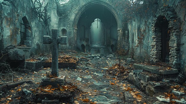 Photo a neglected monastery with crumbling cloisters background