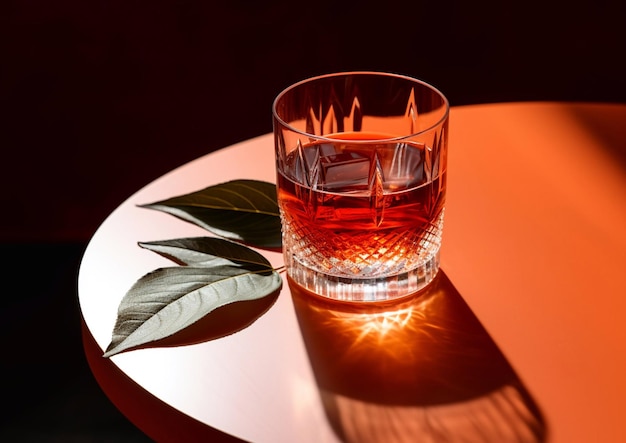 사진 얼음과 건조한 잎으로 된 negroni campari 테일은 바 라운지 ai generative의 둥근 테이블에 있습니다.