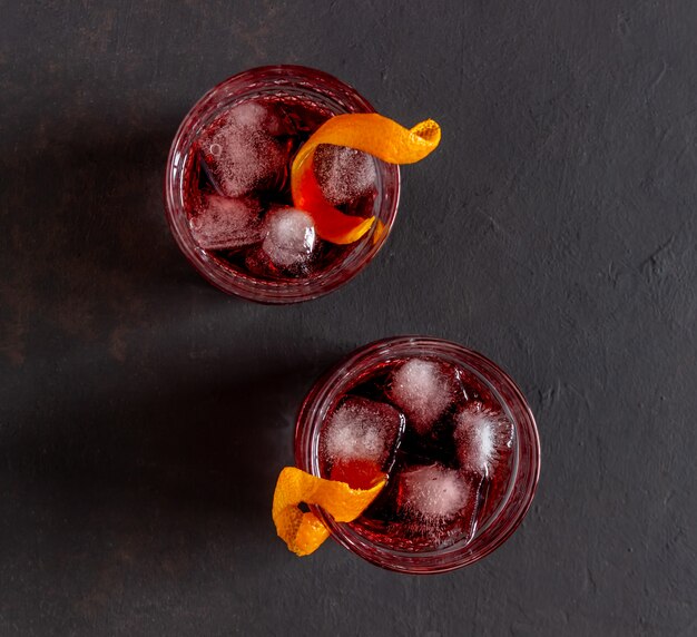 Negroni cocktail. Bitter, gin, vermouth, ice. Bar. Recipes. Alcoholic beverages.