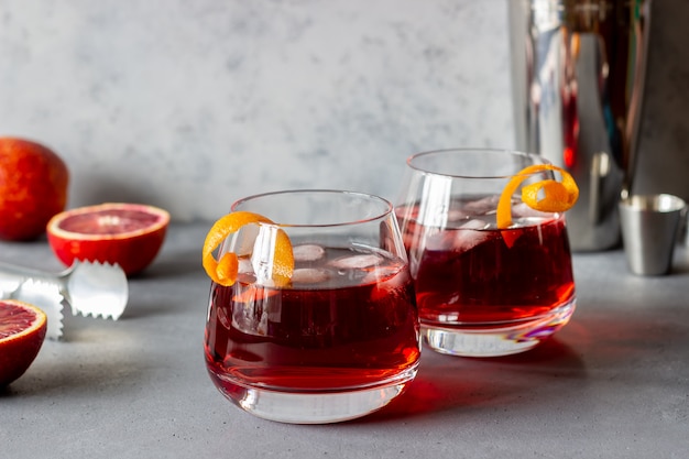 Negroni cocktail. Bitter, gin, vermouth, ice. Bar. Recipes. Alcoholic beverages.